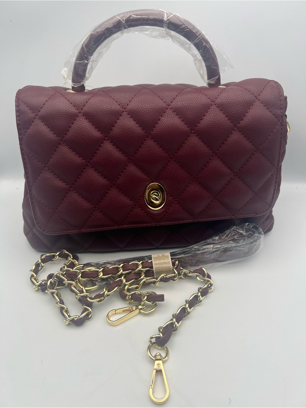 Quilted Top-Handle Satchel in Deep Burgundy - Fashion Designer-Inspired